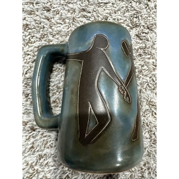 Signed  Art Pottery Mug From Moo Mex Tribal Art Dance Symbol Blue Black With - Picture 3 of 4